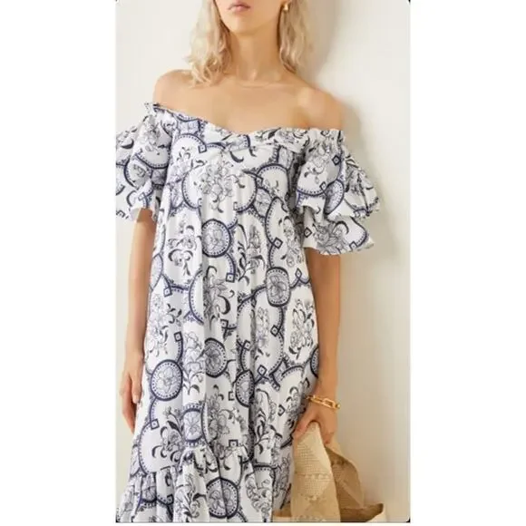 Andres Otalora Raquira Off The Shoulder Printed Cotton Maxi Dress Blue Size 6